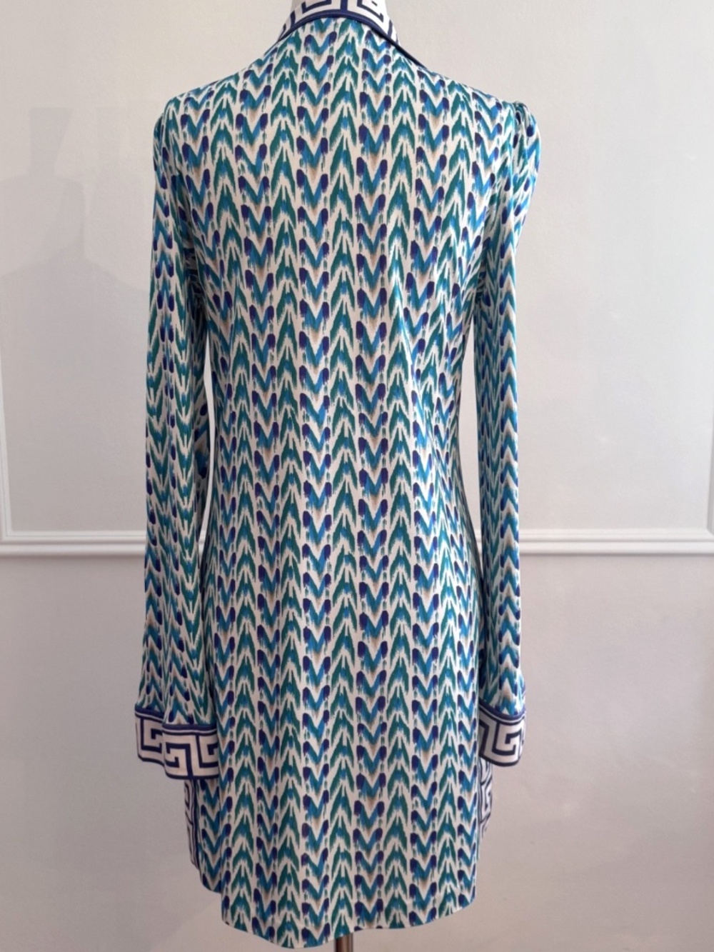 Diane Von Furstenberg DVF Silk Greek Key Geometric Tunic Dress Size 12 Blue - Picture 3 of 5